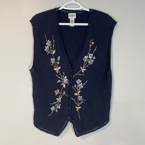 Koret Navy Blue Floral Embroidered Knit Sweater Vest Ramie Cotton Medium Cottage